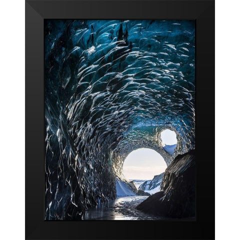 Ice cave at the northern shore of glacial lagoon Jokulsarlon in glacier Breidamerkurjokull Black Modern Wood Framed Art Print by Zwick, Martin