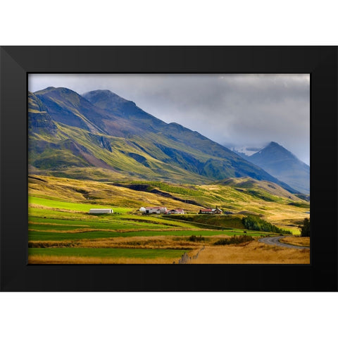 Mountains towering over Oxnadalur with road climbing up to Oxnadalsheidi. Europe- Iceland Black Modern Wood Framed Art Print by Zwick, Martin