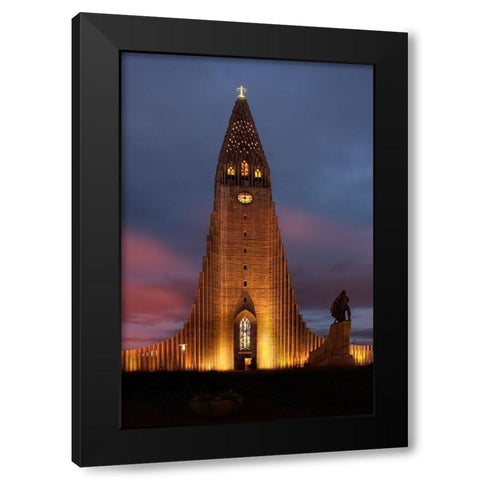 Reykjavik-Iceland Hallgrimskirkja church with statue of Leif Erikson Black Modern Wood Framed Art Print by Steve Mohlenkamp