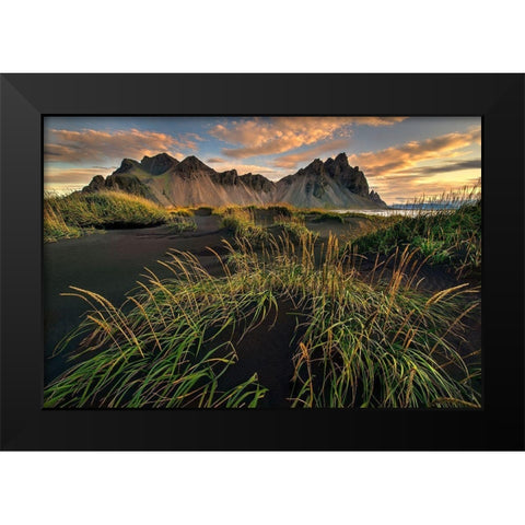 Vestrahorn beach near Hofn in the southeast of Iceland Black Modern Wood Framed Art Print by Steve Mohlenkamp