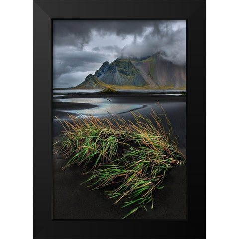 Vestrahorn beach near Hofn in the southeast of Iceland Black Modern Wood Framed Art Print by Steve Mohlenkamp