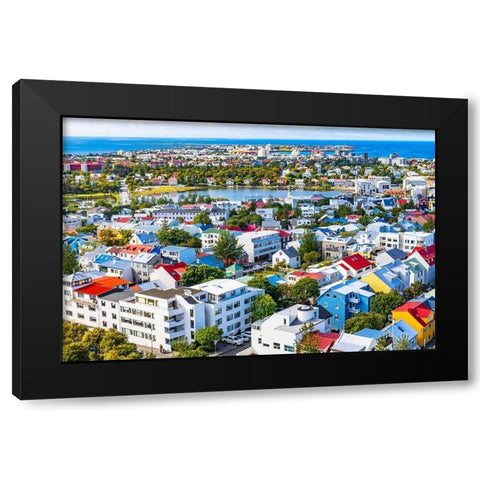 Small Tjornin Lake blue Ocean Sea Colorful blue red white green Houses Streets-Reykjavik-Iceland Black Modern Wood Framed Art Print with Double Matting by Perry, William