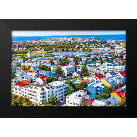 Small Tjornin Lake blue Ocean Sea Colorful blue red white green Houses Streets-Reykjavik-Iceland Black Modern Wood Framed Art Print by Perry, William