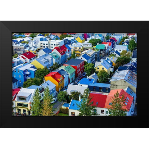Colorful red green blue yellow Houses Cars Streets-Reykjavik-Iceland Black Modern Wood Framed Art Print by Perry, William