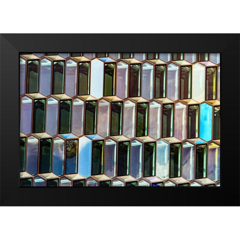 Modern glass abstract background concert hall-Reykjavik-Iceland Black Modern Wood Framed Art Print by Perry, William
