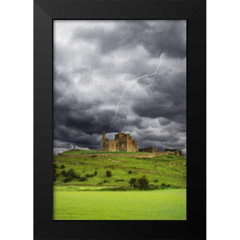 Ireland, Tipperary Lightning over Rock of Cashel Black Modern Wood Framed Art Print by Flaherty, Dennis