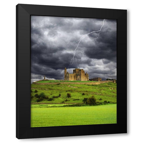 Ireland, Tipperary Lightning over Rock of Cashel Black Modern Wood Framed Art Print by Flaherty, Dennis