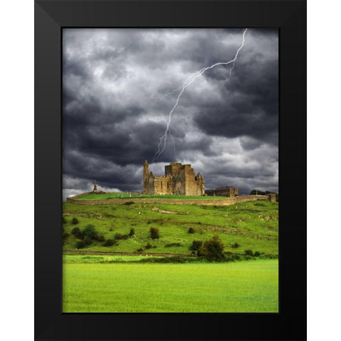 Ireland, Tipperary Lightning over Rock of Cashel Black Modern Wood Framed Art Print by Flaherty, Dennis