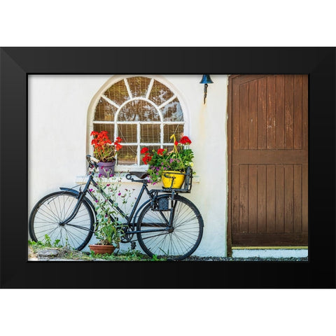 Europe-Ireland-County Cork-Bicycle next to house with potted plants Black Modern Wood Framed Art Print by Jaynes Gallery