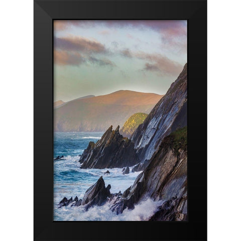 Waves crash into cliffs on Dunmore Head with Blasket Islands on the Dingle Peninsula-Ireland Black Modern Wood Framed Art Print by Haney, Chuck
