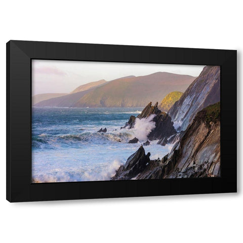 Waves crash into cliffs on Dunmore Head with Blasket Islands on the Dingle Peninsula-Ireland Black Modern Wood Framed Art Print by Haney, Chuck