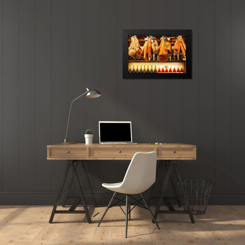 Italy-Rome Piazza della Rotunda-meat (hams) and wine for sale at Salami Antica Black Modern Wood Framed Art Print by Jones, Alison