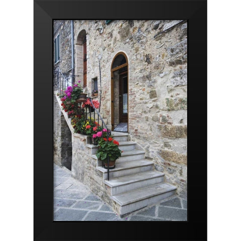 Italy, Petroio Flowers line a stairway Black Modern Wood Framed Art Print by Flaherty, Dennis