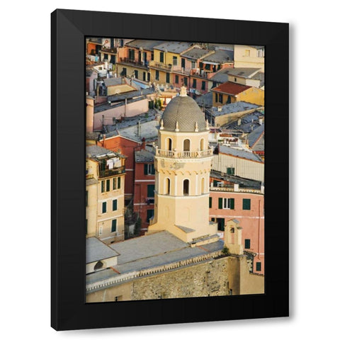 Italy, Vernazza Cathedral and city buildings Black Modern Wood Framed Art Print by Flaherty, Dennis