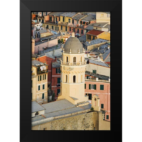 Italy, Vernazza Cathedral and city buildings Black Modern Wood Framed Art Print by Flaherty, Dennis