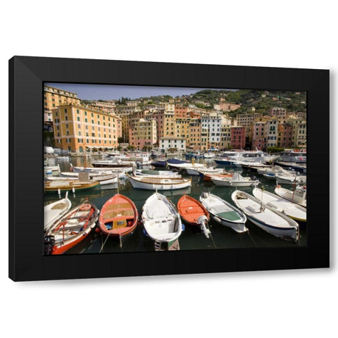 Italy, Camogli Boats moored in harbor Black Modern Wood Framed Art Print by Kaveney, Wendy