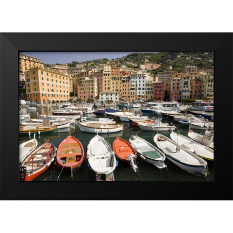 Italy, Camogli Boats moored in harbor Black Modern Wood Framed Art Print by Kaveney, Wendy
