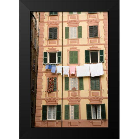 Italy, Camogli Laundry hangs across a building Black Modern Wood Framed Art Print by Kaveney, Wendy