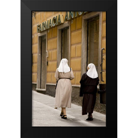 Italy, Camogli Nuns walk along the Via Republica Black Modern Wood Framed Art Print by Kaveney, Wendy
