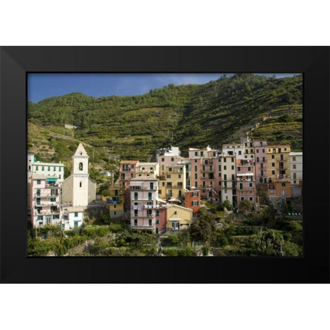 Italy, Manarola Town and terraced vineyards Black Modern Wood Framed Art Print by Kaveney, Wendy