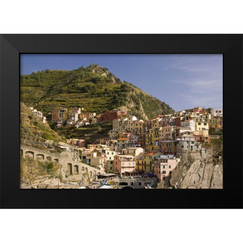 Italy, Manarola Town and terraced vineyards Black Modern Wood Framed Art Print by Kaveney, Wendy
