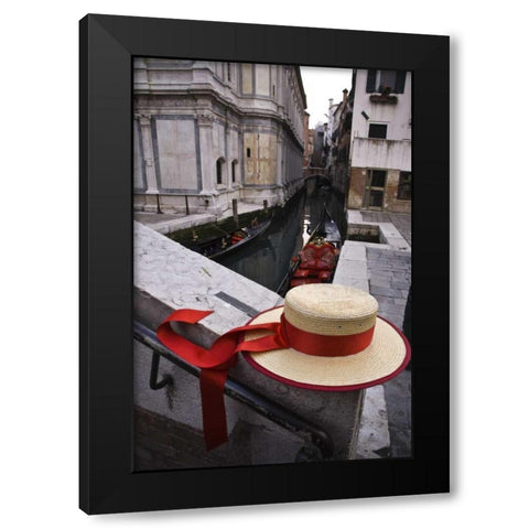 Italy, Venice Gondoliers hat and gondolas Black Modern Wood Framed Art Print with Double Matting by Kaveney, Wendy