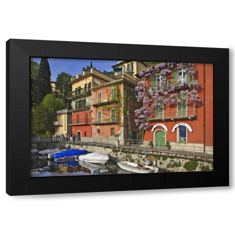 Italy, Varenna Boats moored in village harbor Black Modern Wood Framed Art Print by Flaherty, Dennis