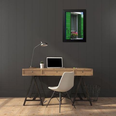 Italy, Venice Flowerbox and window shutters Black Modern Wood Framed Art Print by Flaherty, Dennis
