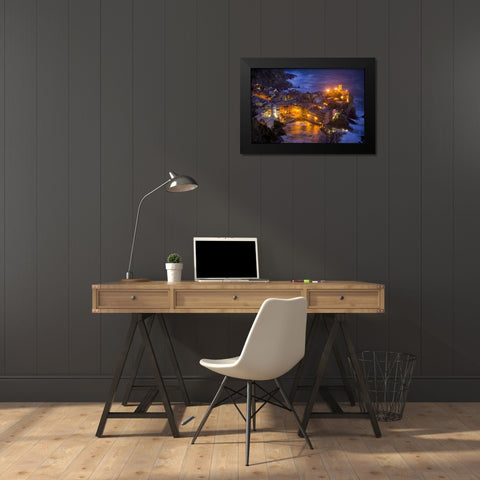 Italy, Vernazza, Cinque Terra City lit at night Black Modern Wood Framed Art Print by Zuckerman, Jim