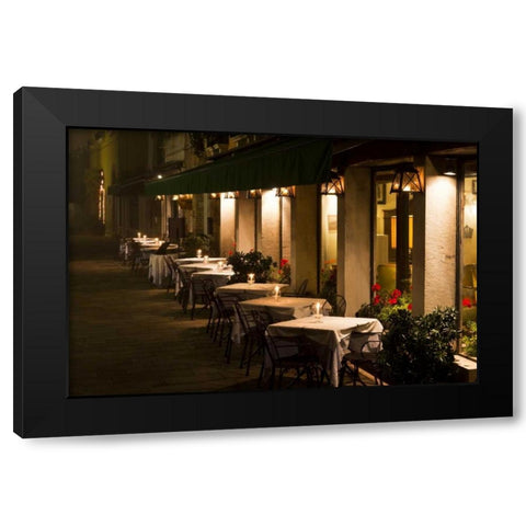 Italy, Venice Restaurant tables lit at night Black Modern Wood Framed Art Print by Young, Bill