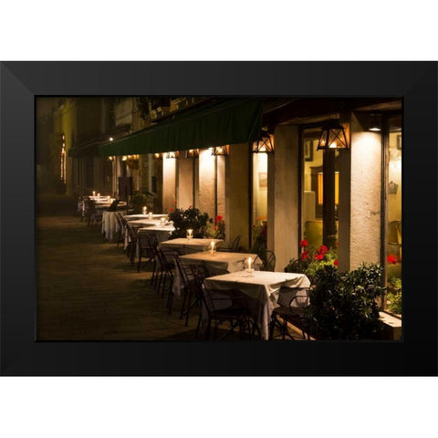 Italy, Venice Restaurant tables lit at night Black Modern Wood Framed Art Print by Young, Bill