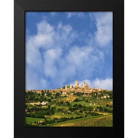 vineyards and hilltop town San Gimignano, Italy Black Modern Wood Framed Art Print by Flaherty, Dennis