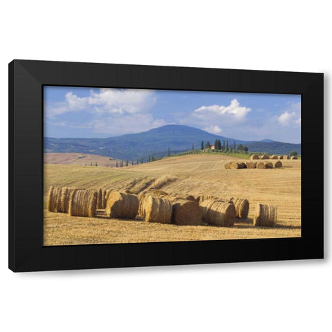 Italy, San Quirico dOrcia Bales of hay and farm Black Modern Wood Framed Art Print by Delisle, Gilles