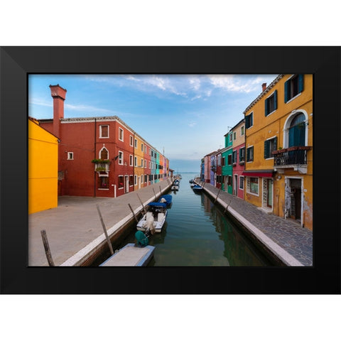 Europe-Italy-Venice-Houses and boats on canal in Burano Black Modern Wood Framed Art Print by Jaynes Gallery