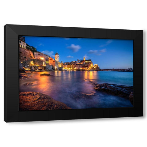 Europe-Italy-Vernazza-Landscape with village and ocean at sunset Black Modern Wood Framed Art Print with Double Matting by Jaynes Gallery