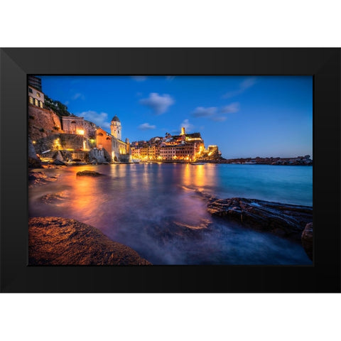 Europe-Italy-Vernazza-Landscape with village and ocean at sunset Black Modern Wood Framed Art Print by Jaynes Gallery