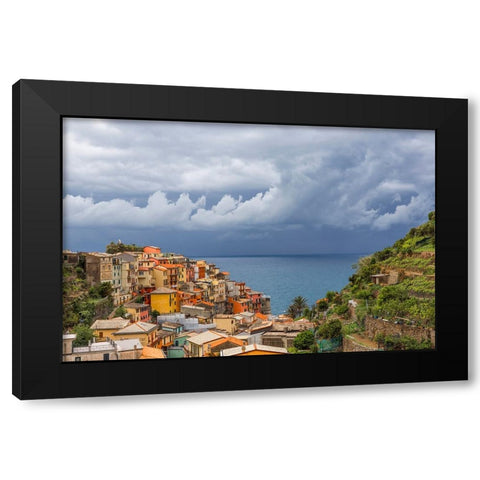 Europe-Italy-Manarola-Landscape with town and ocean Black Modern Wood Framed Art Print with Double Matting by Jaynes Gallery