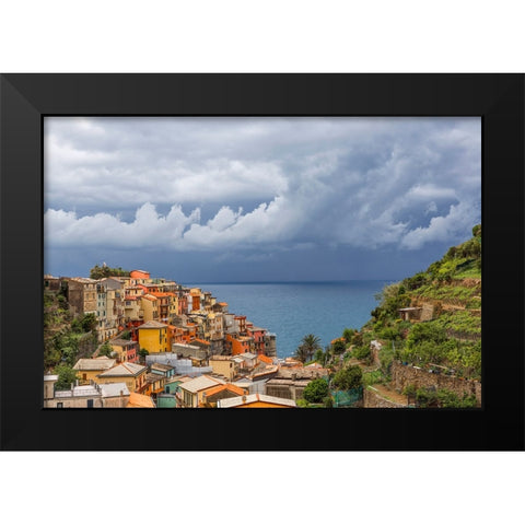 Europe-Italy-Manarola-Landscape with town and ocean Black Modern Wood Framed Art Print by Jaynes Gallery
