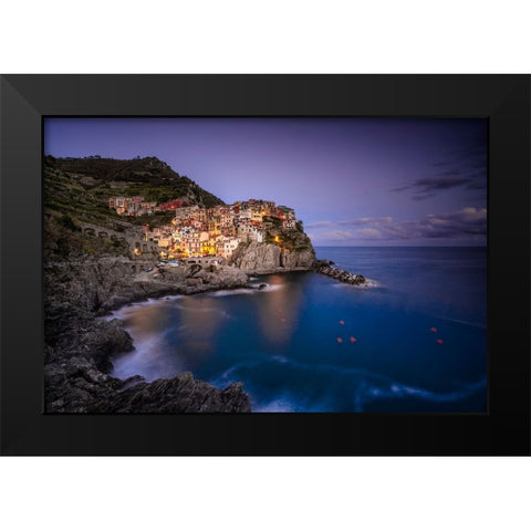 Europe-Italy-Manarola-Sunset coastline with town and ocean Black Modern Wood Framed Art Print by Jaynes Gallery