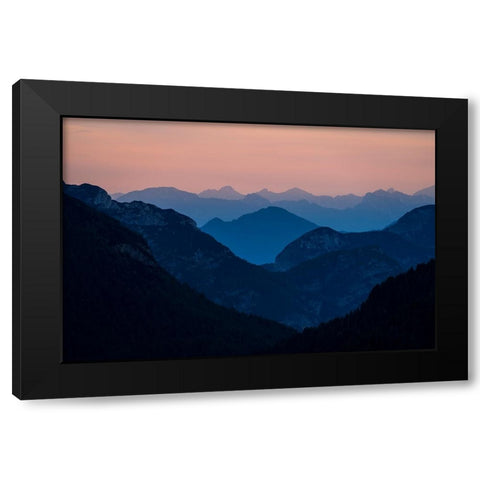 Europe-Italy-Friuli Venezia Giulia-Foggy Monte Lussari mountain at sunset Black Modern Wood Framed Art Print with Double Matting by Jaynes Gallery