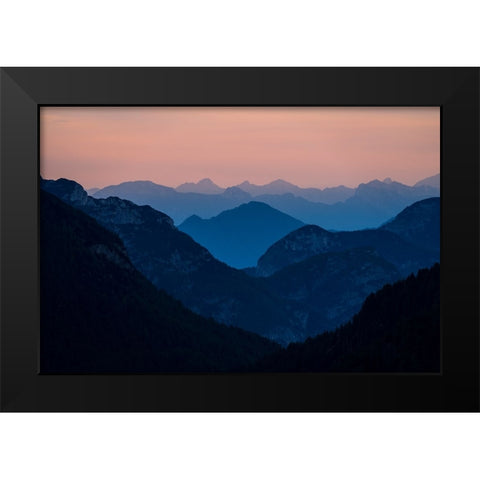 Europe-Italy-Friuli Venezia Giulia-Foggy Monte Lussari mountain at sunset Black Modern Wood Framed Art Print by Jaynes Gallery