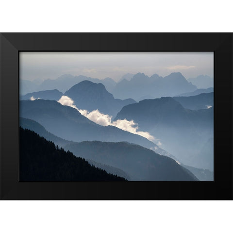 Europe-Italy-Friuli Venezia Giulia-Foggy Monte Lussari mountain at sunset Black Modern Wood Framed Art Print by Jaynes Gallery