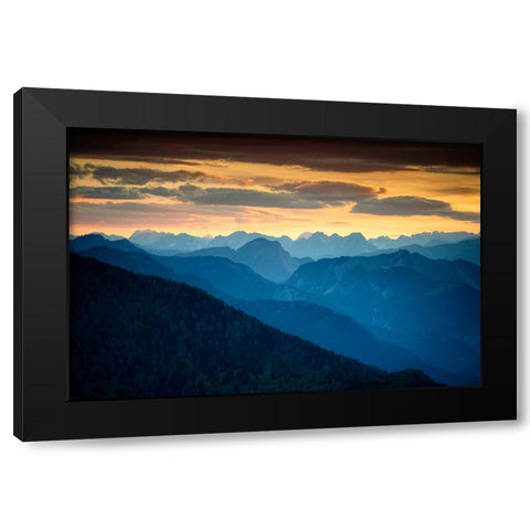 Europe-Italy-Friuli Venezia Giulia-Foggy Monte Lussari mountain at sunset Black Modern Wood Framed Art Print by Jaynes Gallery