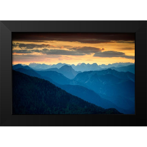 Europe-Italy-Friuli Venezia Giulia-Foggy Monte Lussari mountain at sunset Black Modern Wood Framed Art Print by Jaynes Gallery