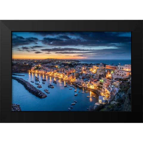 Europe-Italy-Procida-Overview of city and Marina Corricella at sunset Black Modern Wood Framed Art Print by Jaynes Gallery