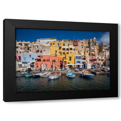 Europe-Italy-Procida-City houses and boats in Marina Corricella Black Modern Wood Framed Art Print with Double Matting by Jaynes Gallery