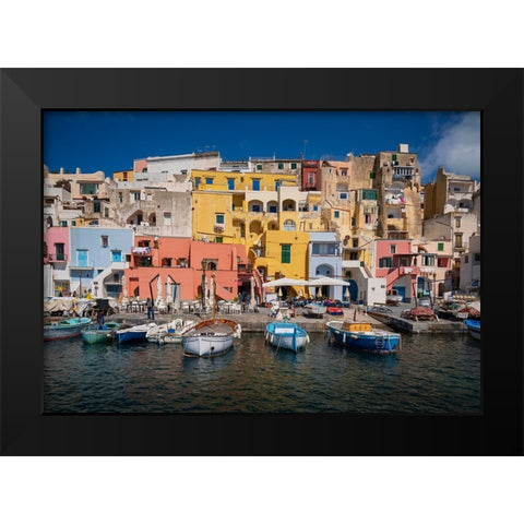Europe-Italy-Procida-City houses and boats in Marina Corricella Black Modern Wood Framed Art Print by Jaynes Gallery