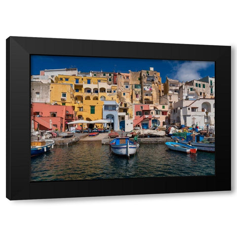 Europe-Italy-Procida-City houses and boats in Marina Corricella Black Modern Wood Framed Art Print with Double Matting by Jaynes Gallery