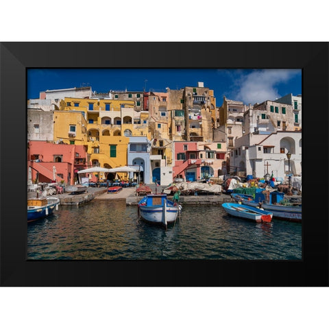 Europe-Italy-Procida-City houses and boats in Marina Corricella Black Modern Wood Framed Art Print by Jaynes Gallery
