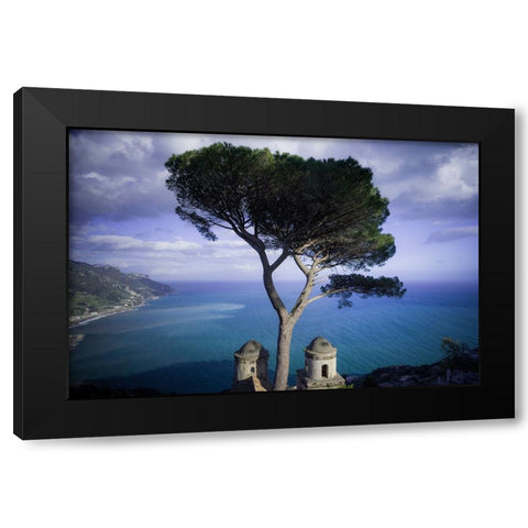Europe-Italy-Ravello-Cypress tree and church domes overlook ocean Black Modern Wood Framed Art Print with Double Matting by Jaynes Gallery